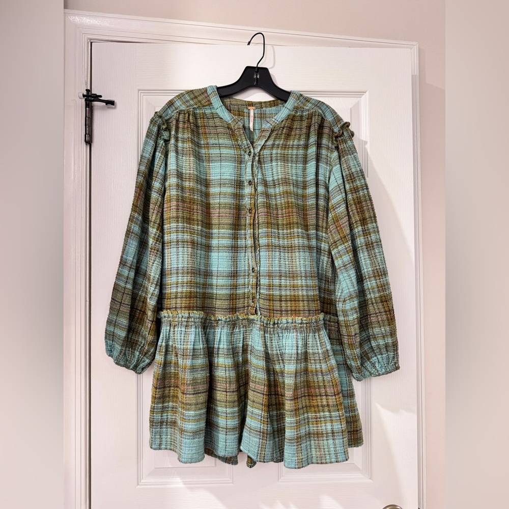 Free People Textured Plaid Top in Green and Brown